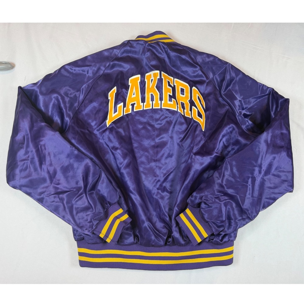 Vtg Chalk Line Los Angeles Lakers Satin Varsity Jacket Purple Sz L USA Run Small - Picture 10 of 11